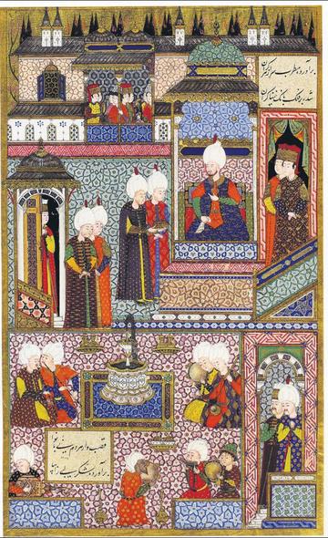 Sultan Suleiman I receives his Grand Admiral, Hayreddin Barbarossa. 