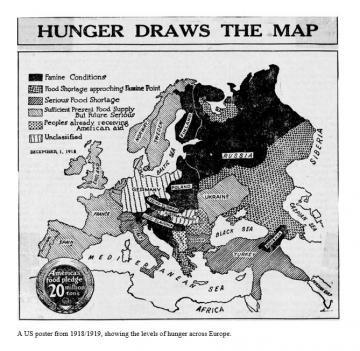 A US poster from 1918/1919, showing the levels of hunger across Europe